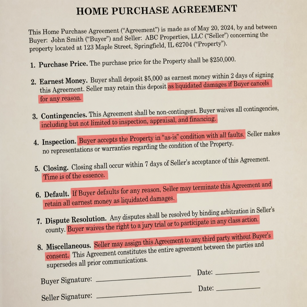 Red flags highlighted in a home purchase contract