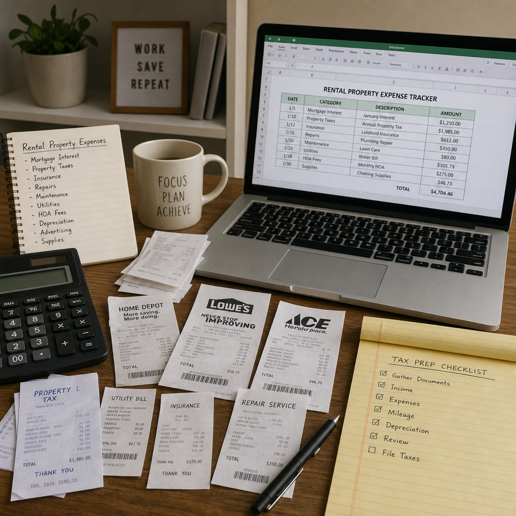 Rental property expense receipts and laptop for tax preparation