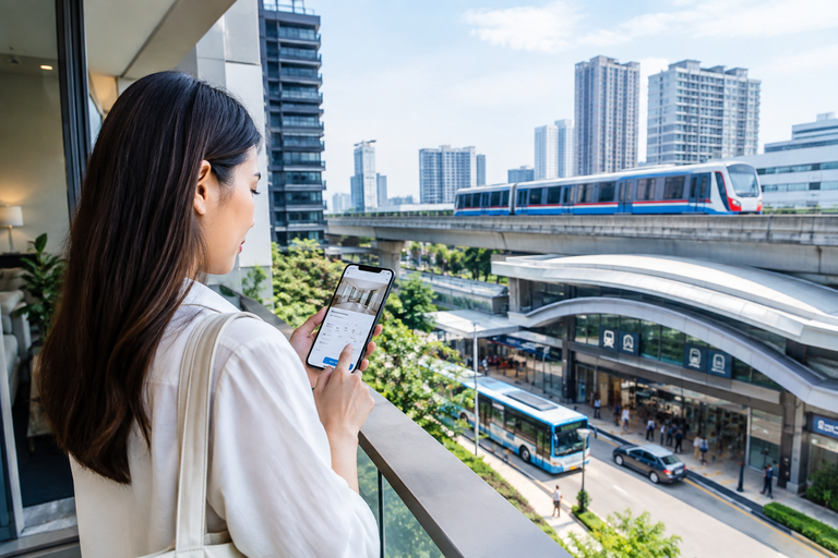 Renter checking apartment details near a transport hub