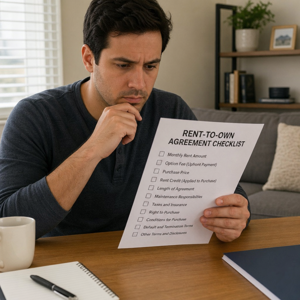 Tenant reviewing a rent-to-own agreement checklist