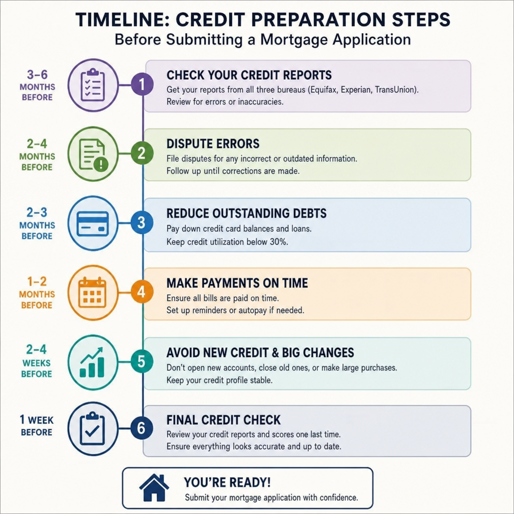 Timeline of credit preparation steps before submitting a mortgage application