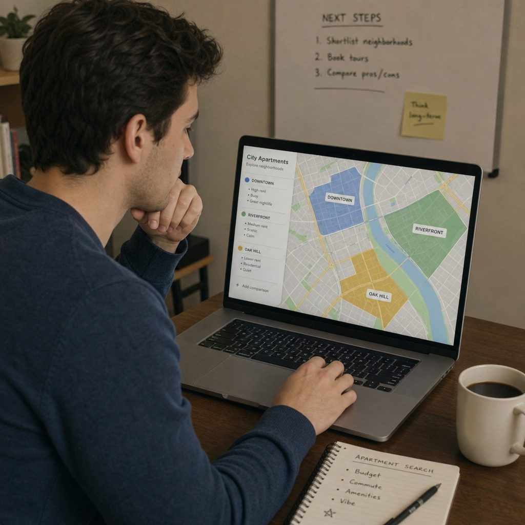 Young professional comparing rental areas in Kuala Lumpur on a city map