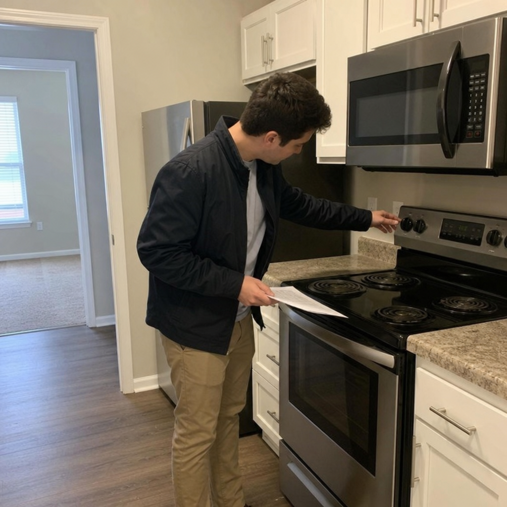 tenant inspecting apartment kitchen appliances